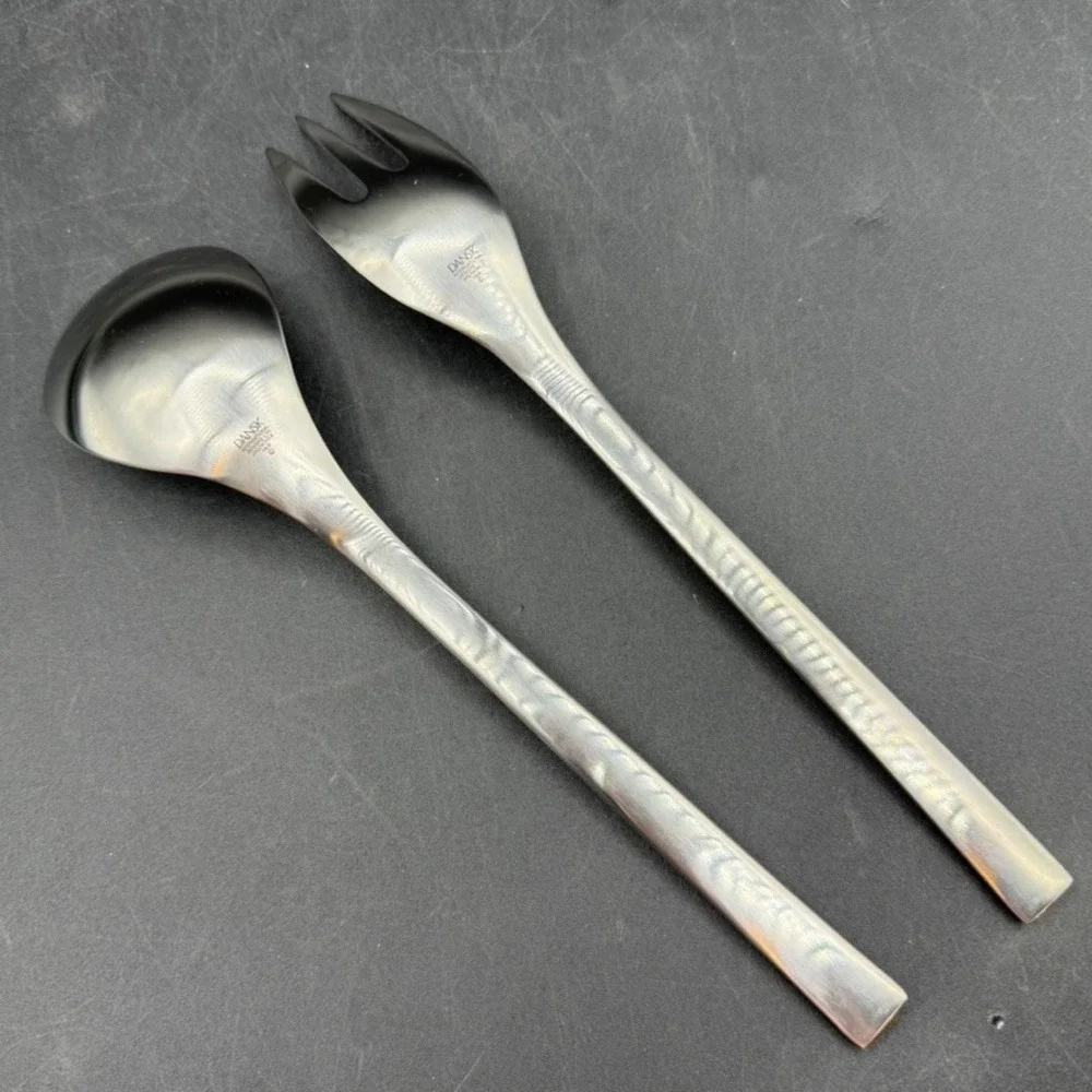 Vintage Dansk Parallel Diamond Serving Spoon Serving Fork Set Silverware OS Boho